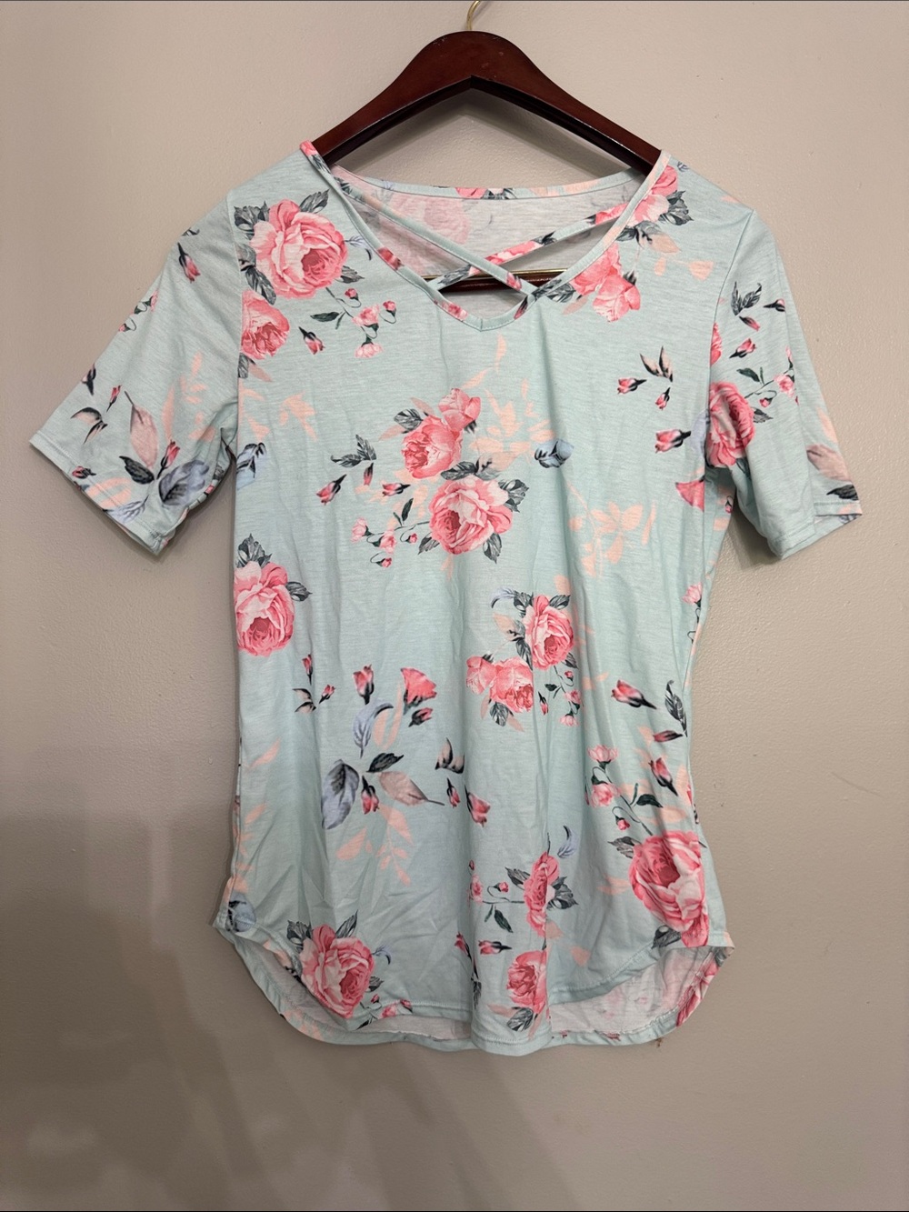 Floral Crisscross Neck Short Sleeve Top - Light Blue/Pink